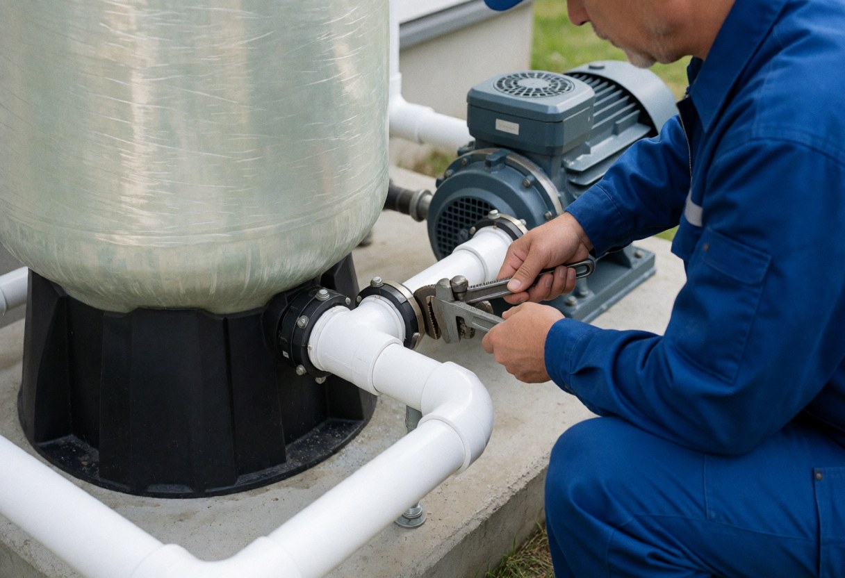Technician in blue uniform installs white pipes on sand filter using pipe wrench in residential patio under sunlight
