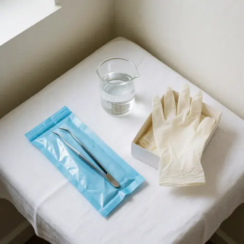 Sterile chemical peel kit with tweezers, gloves, and disinfectant container on a white table with natural light