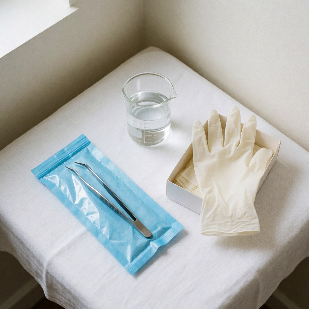 Sterile chemical peel kit with tweezers, gloves, and disinfectant container on a white table with natural light