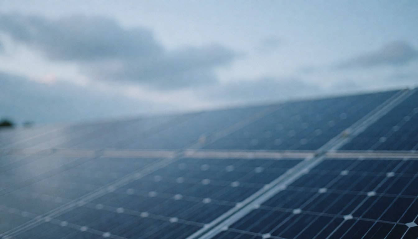 Out of focus photovoltaic solar panels against a soft blue cloudy sky, suitable as a professional background for text or service banners.
