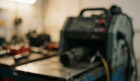 Blurred industrial repair machine with tools and warm light in a workshop background