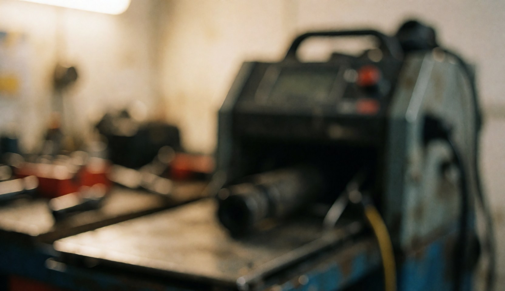 Blurred industrial repair machine with tools and warm light in a workshop background