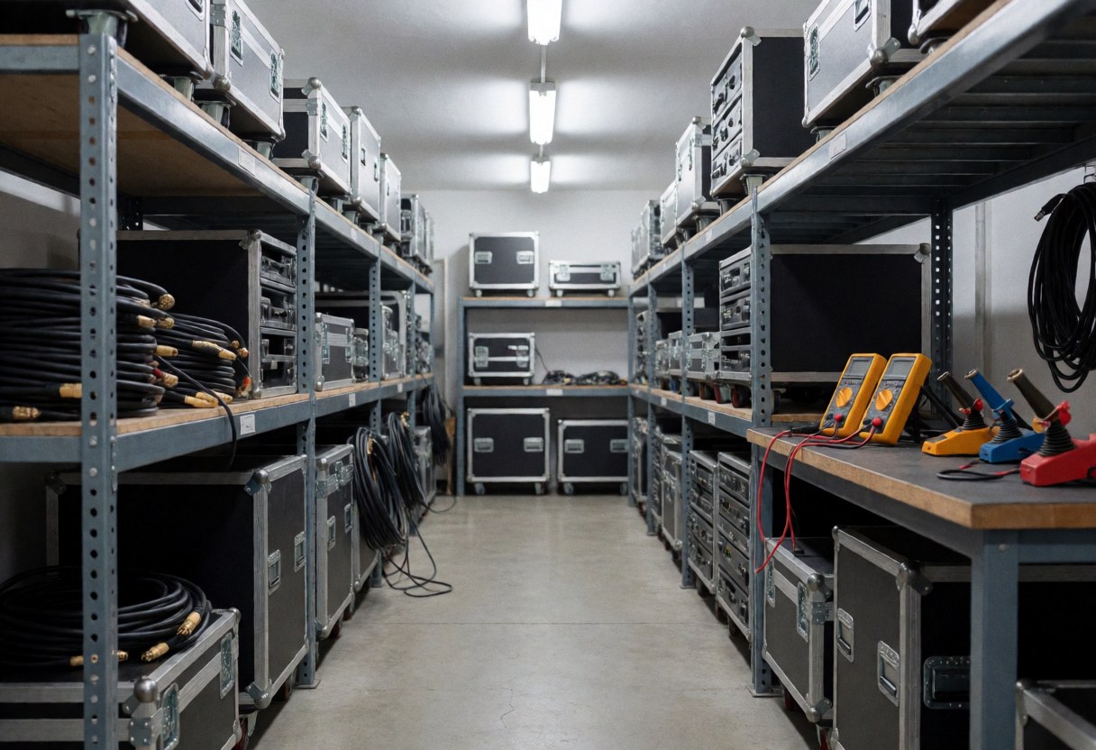 Warehouse aisle with metal shelves, black equipment cases, and XLR cables on the concrete floor under fluorescent lights
