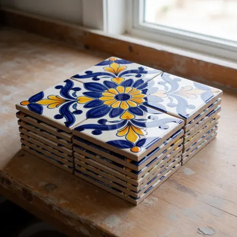 A pile of blue and yellow floral ceramic tiles resting on a rustic wooden table near a window with natural light