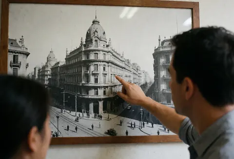Tango teacher points to a framed vintage photo of Buenos Aires architecture and trams during a class