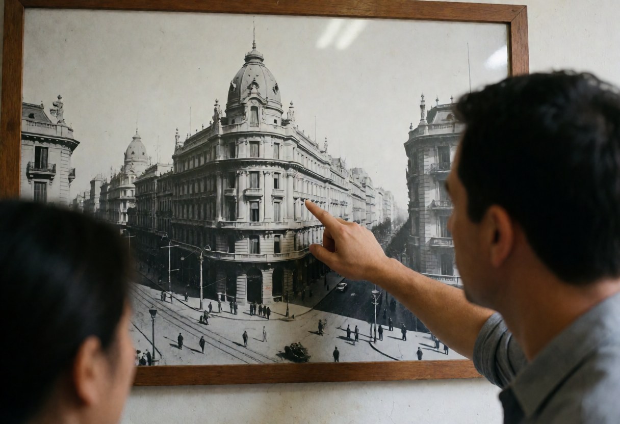 Tango teacher points to a framed vintage photo of Buenos Aires architecture and trams during a class