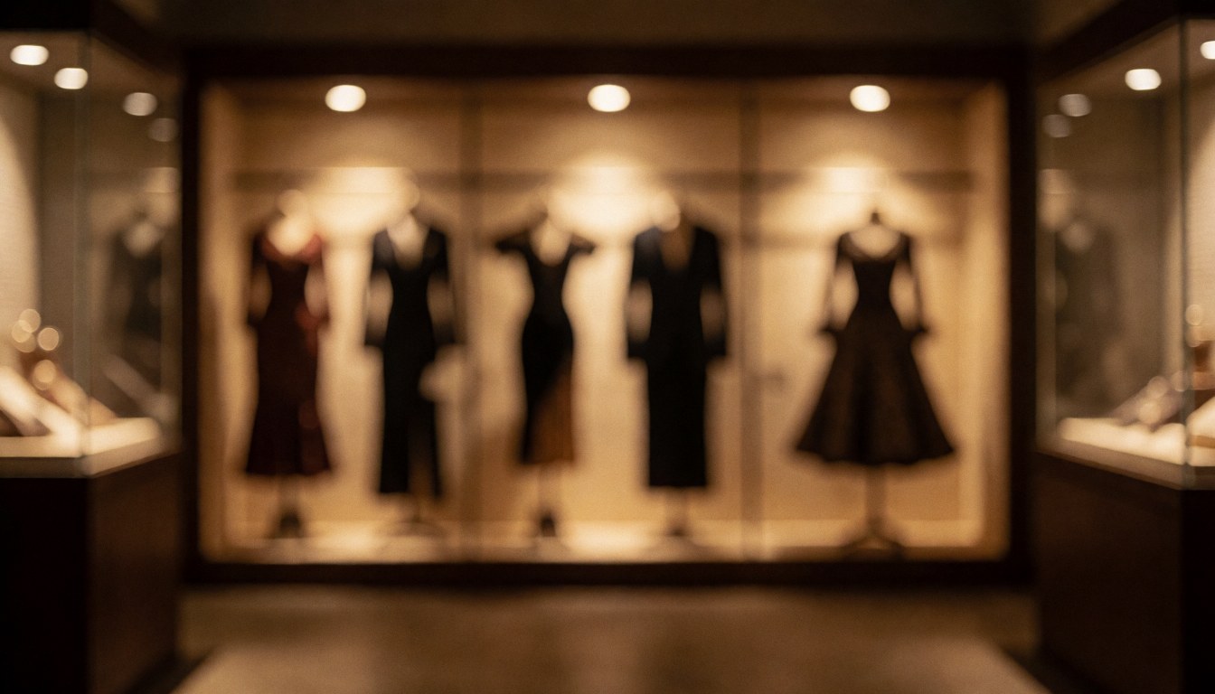 Vintage tango dresses displayed in illuminated glass cases with warm bokeh and nostalgic atmosphere for text background