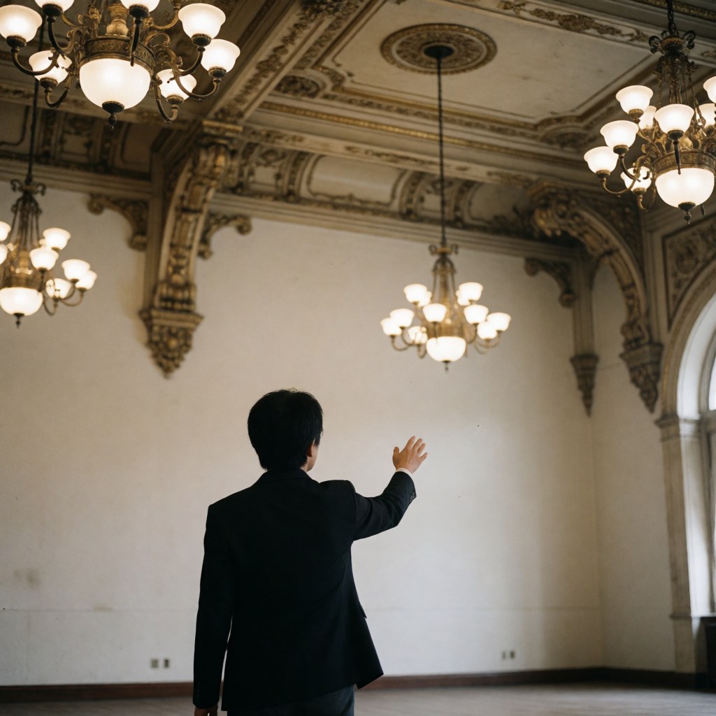 Guide in dark suit pointing to ornate ceiling details and lit chandeliers in an empty ballroom, ideal for cultural tourism.