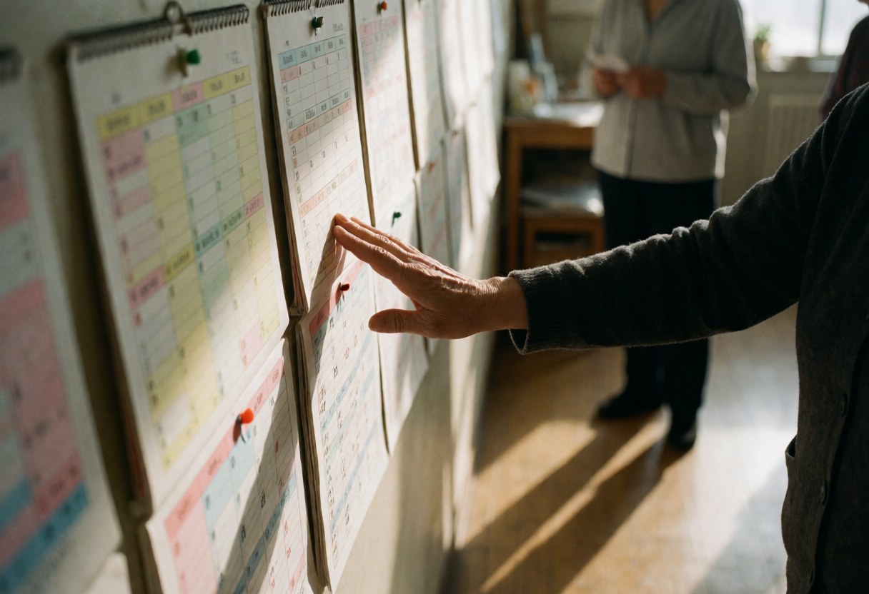 An adult hand touching a large calendar with colorful pages on a wall, bathed in sunset light on a wooden floor.