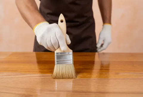 Close-up of gloved hands using a bristle brush to apply wood varnish to a wooden table surface against a terracotta wall background