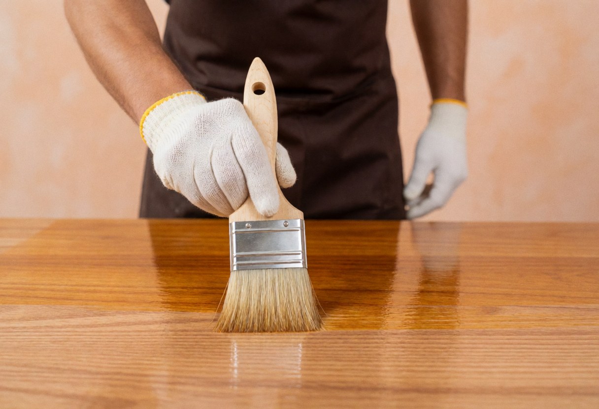 Close-up of gloved hands using a bristle brush to apply wood varnish to a wooden table surface against a terracotta wall background