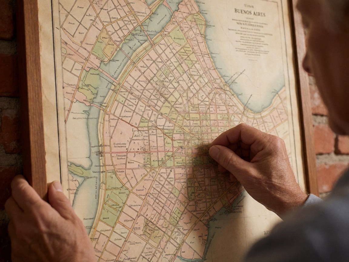 Hands examining an old framed Buenos Aires map with visible paper texture against a red brick wall