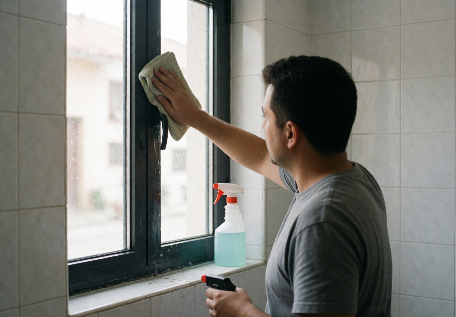 A glass installer wipes an aluminum window frame with a cloth, with a cleaning spray bottle on the sill in a room with white tiled walls.