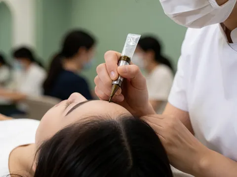 Close-up of a professional applying henna to a client's eyebrow with precision in a salon setting.