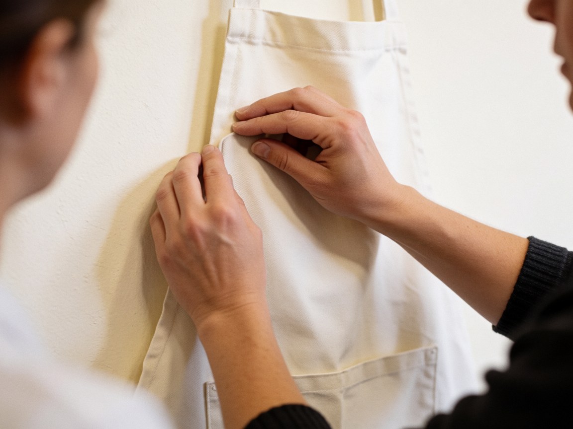 Hands adjusting a white apron hanging on a cream-colored wall, showing preparation and care in a pottery workshop.