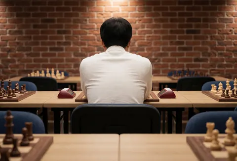 Back view of a chess player at a table with a board and digital clock in a brick-walled room