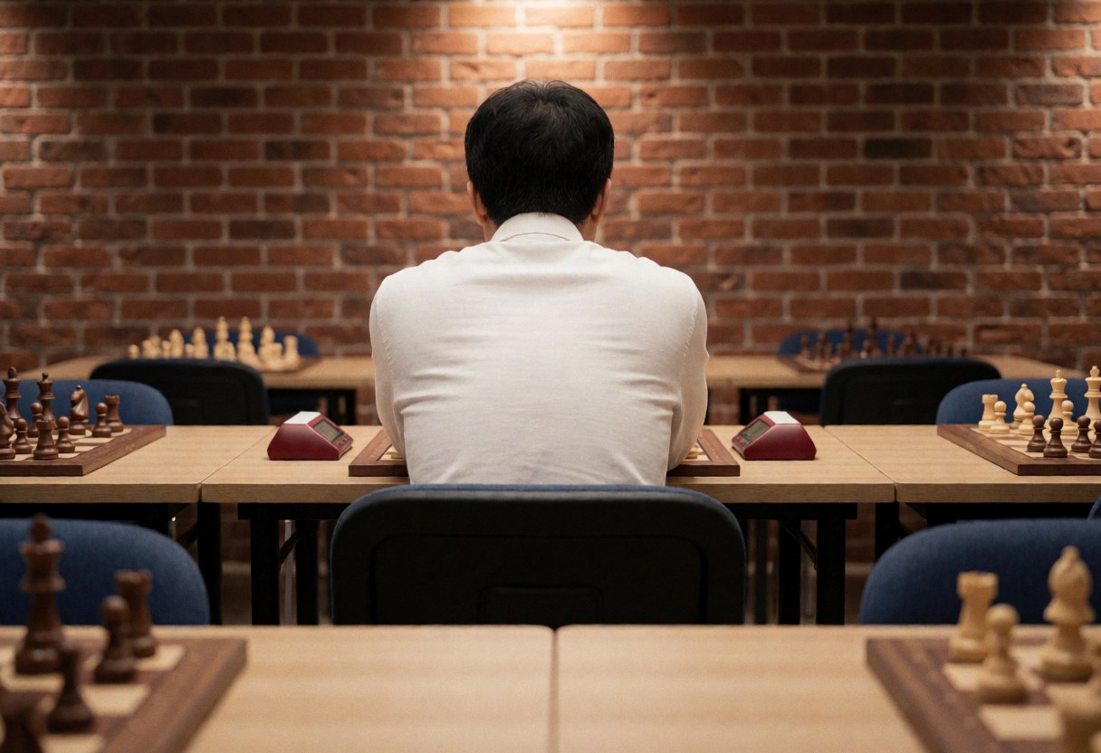 Back view of a chess player at a table with a board and digital clock in a brick-walled room