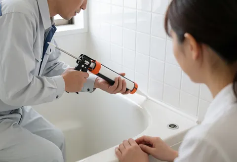 A technician applies silicone sealant to the edge of a white bathtub while a client observes the work in a tiled bathroom with natural light.