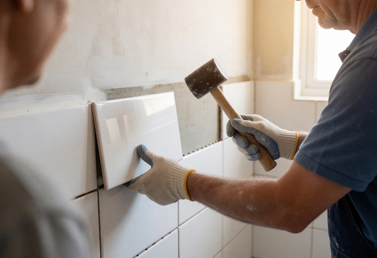 Installer placing first white tile on prepared wall with mallet and gloves under natural light