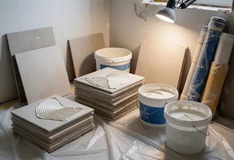 Piles of ceramic tiles, buckets of mortar, and plumbing pipes arranged on protective plastic sheeting in a bathroom renovation setting.