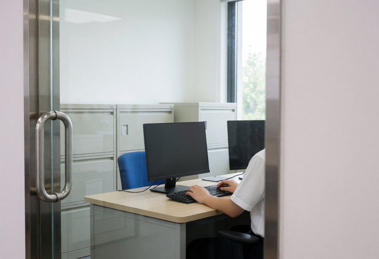 Administrator working at a desk with a computer, file cabinets, and a window in a clean professional chess school office.