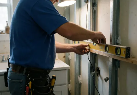 Professional installer aligns a piece with a yellow level using real tools in a construction room lit by a work lamp