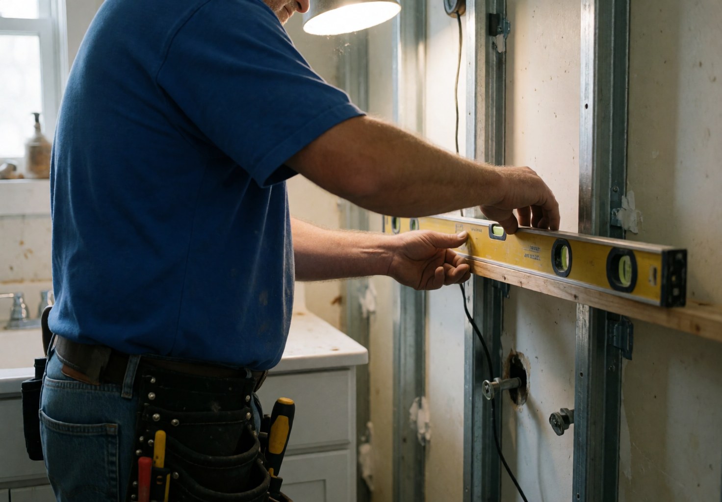 Professional installer aligns a piece with a yellow level using real tools in a construction room lit by a work lamp