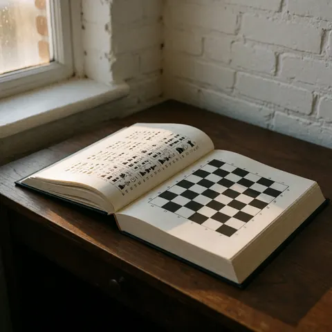 Open chess book with board and algebraic notation on dark wood table near window with natural light and white brick wall