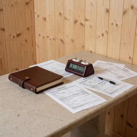 Red digital chess clock, brown leather notebook, and tournament forms on a stone table with light wood walls.
