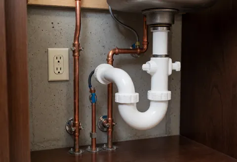 Exposed copper plumbing pipes and white P-trap trap installed under a sink during bathroom rough-in construction phase.
