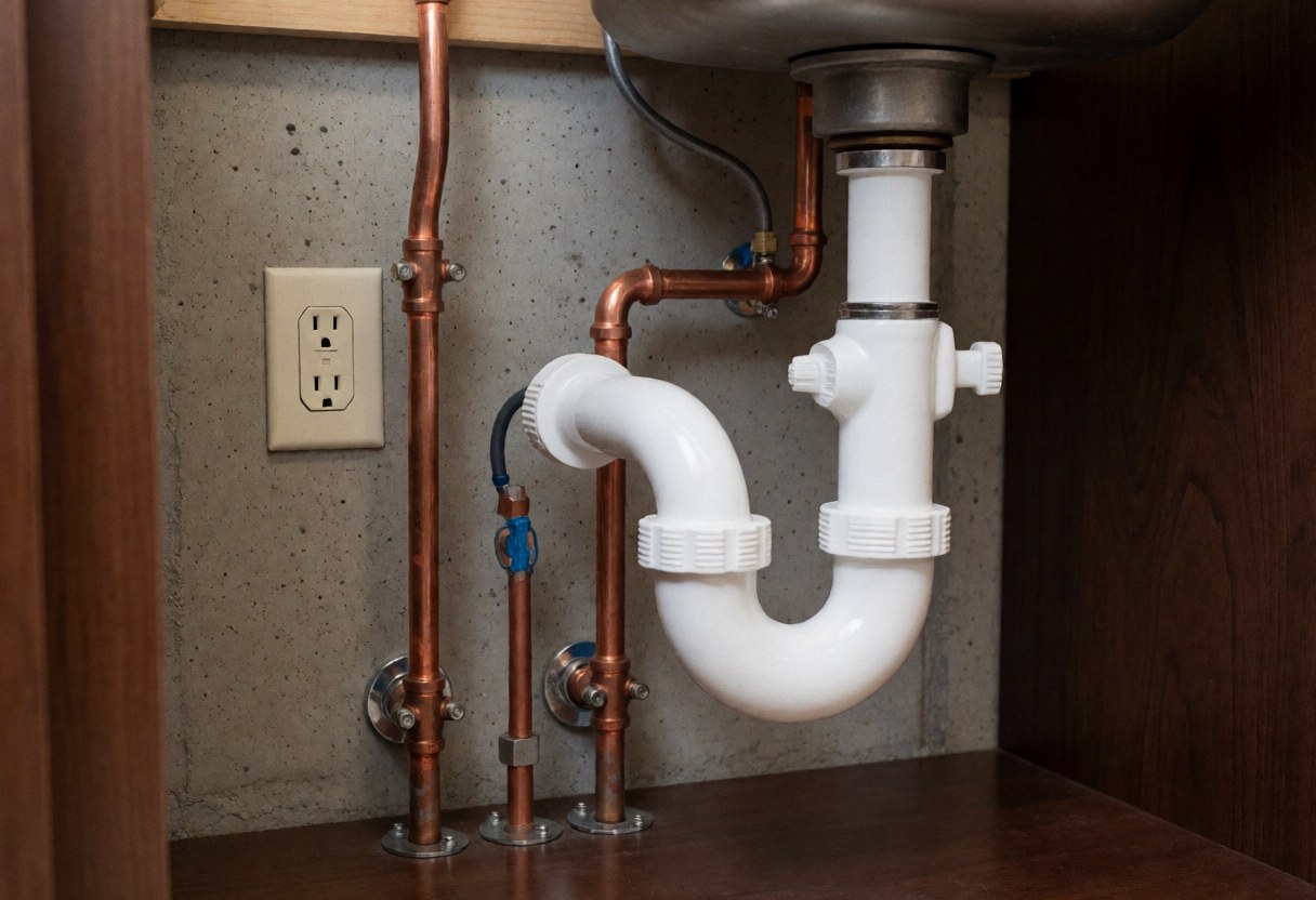 Exposed copper plumbing pipes and white P-trap trap installed under a sink during bathroom rough-in construction phase.
