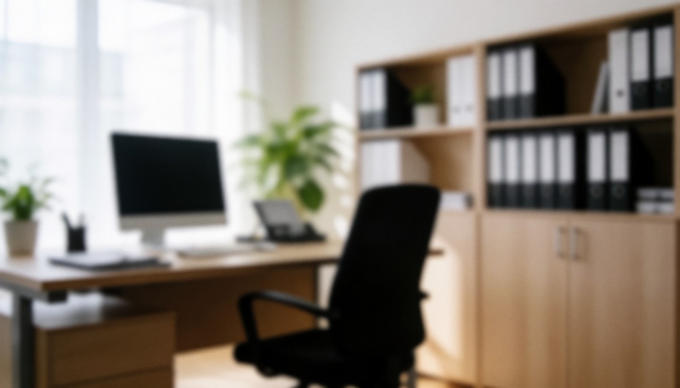 Professional office featuring a desk, black chair, wooden shelf with files, natural light, plants, and blurred background for text.