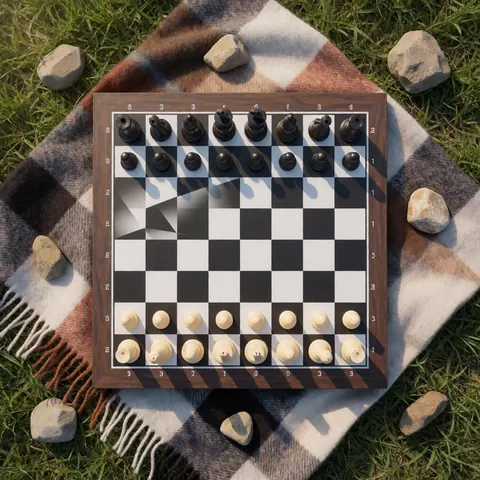 Chess board and pieces ready to play on a checkered blanket in a grassy field with scattered stones under bright sunlight