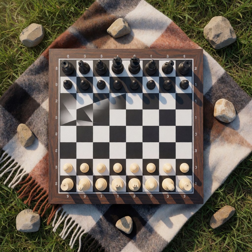 Chess board and pieces ready to play on a checkered blanket in a grassy field with scattered stones under bright sunlight