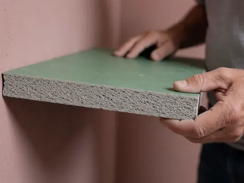 Close-up of hands holding a textured cement board with a pink wall background, showing material and tool details.
