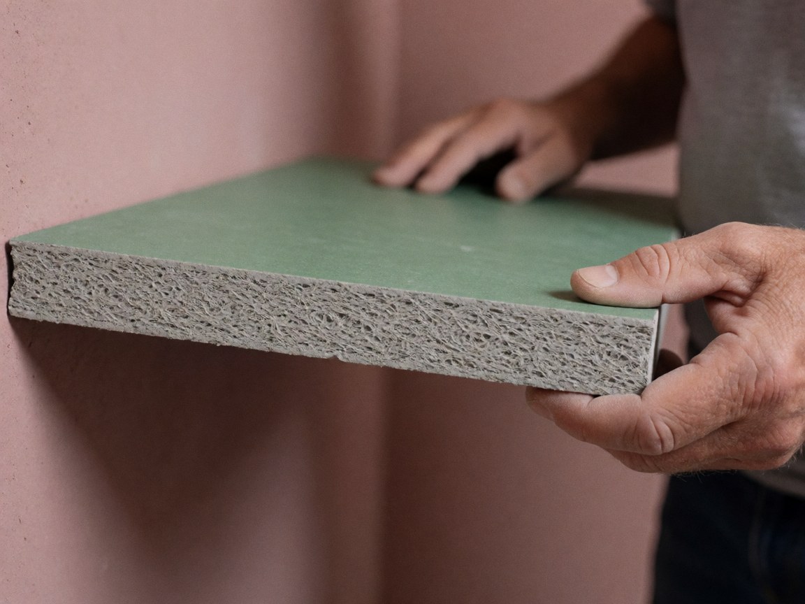 Close-up of hands holding a textured cement board with a pink wall background, showing material and tool details.