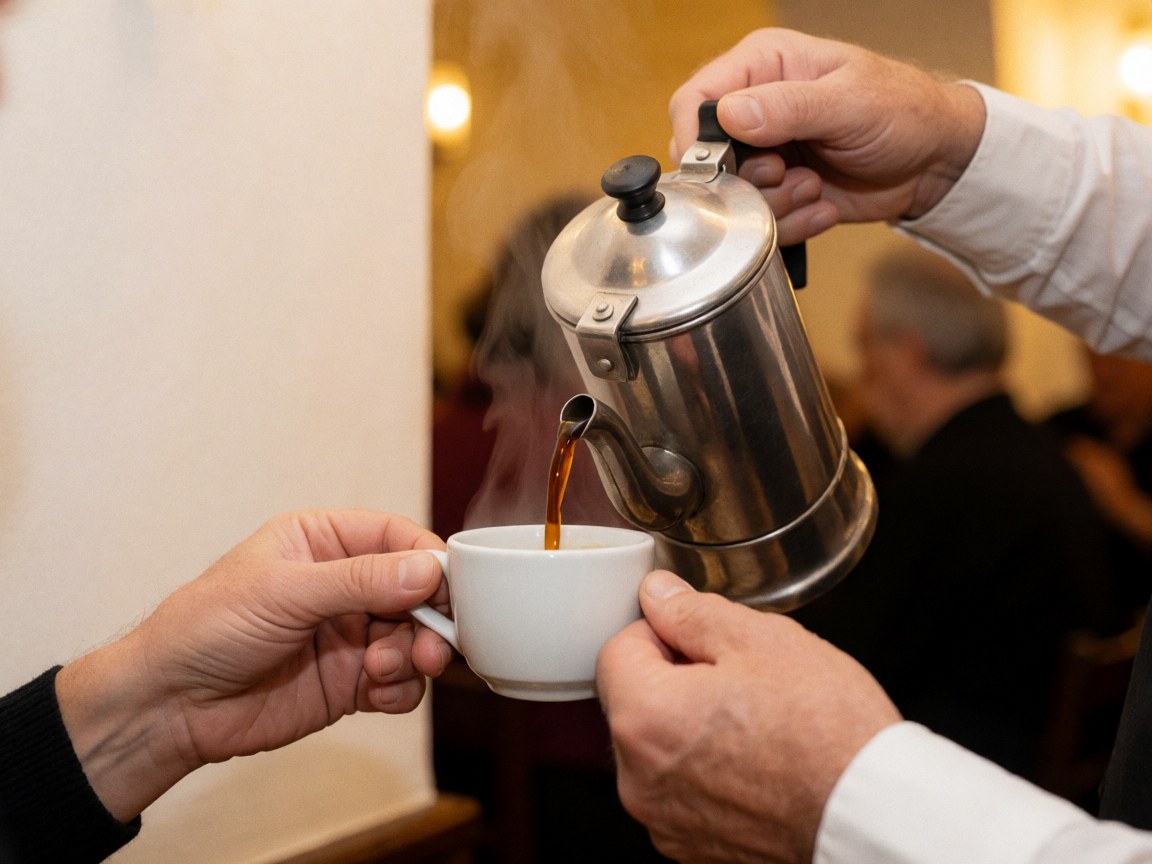 Close-up of a hand pouring hot coffee from a metal percolator into a white ceramic cup against a warm tango-themed background.