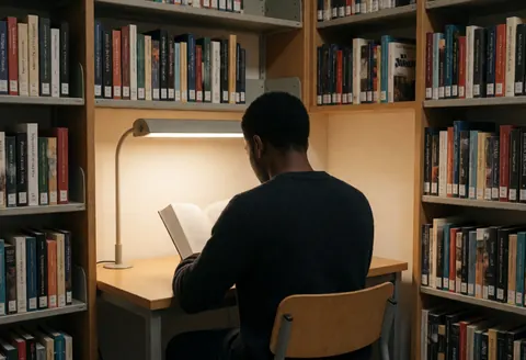 A person sitting at a wooden table reading a book under a lamp, surrounded by bookshelves filled with writing and literature books.