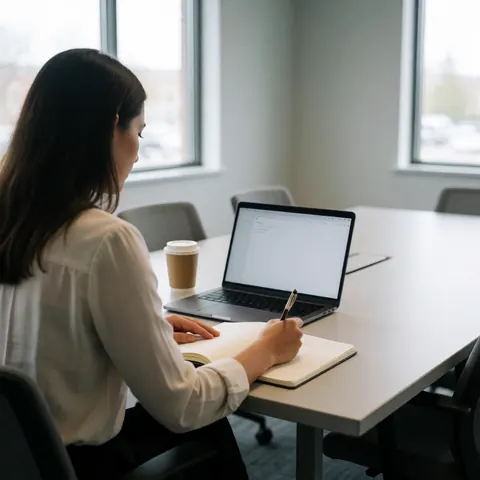 A woman writes in a notebook while using a laptop on a white desk in a modern office with natural light.