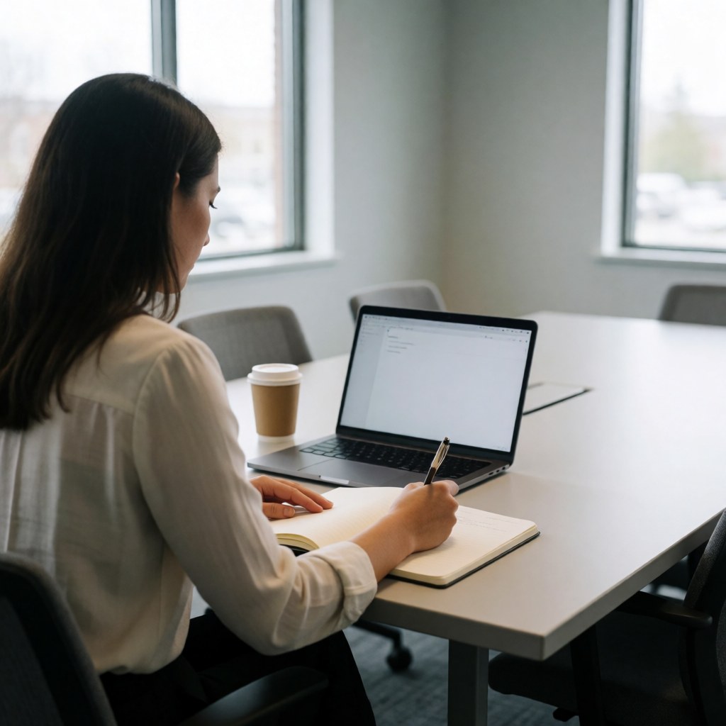 A woman writes in a notebook while using a laptop on a white desk in a modern office with natural light.