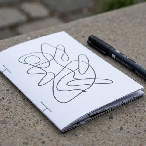 Black and white abstract art zine with black marker on urban concrete surface with diffused light