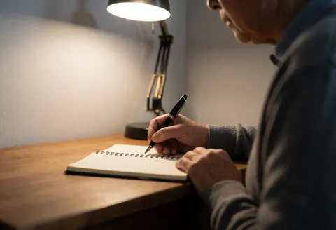 Close-up of a writer's hand using a fountain pen to write in a notebook on a wooden desk under warm lighting