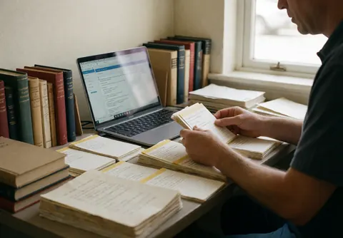 Writer reviewing index cards with books and laptop on a work desk, illuminated by natural window light.