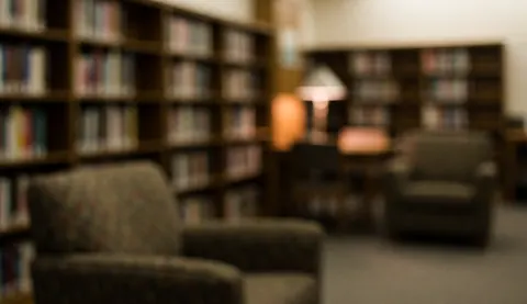 Soft focus background of library bookshelves and upholstered armchairs with warm lighting, suitable for educational text overlays.