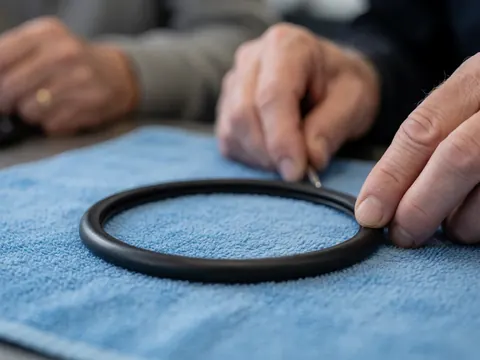 Close-up of a black o-ring on blue fabric with hands performing precision motorcycle repair using a tool against a blurred background