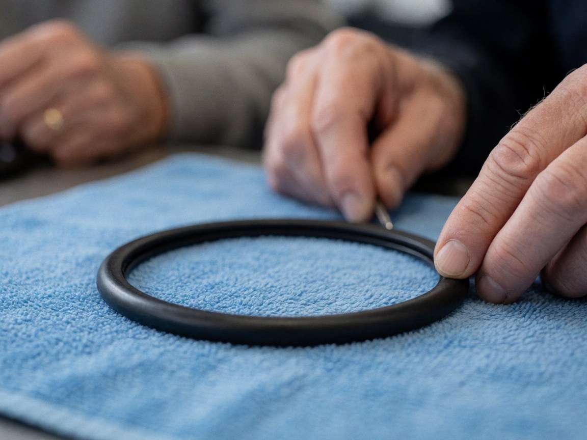 Close-up of a black o-ring on blue fabric with hands performing precision motorcycle repair using a tool against a blurred background