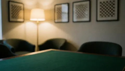 A chess table with chairs and a lamp, ideal for text overlays in a calm, well-lit interior setting.