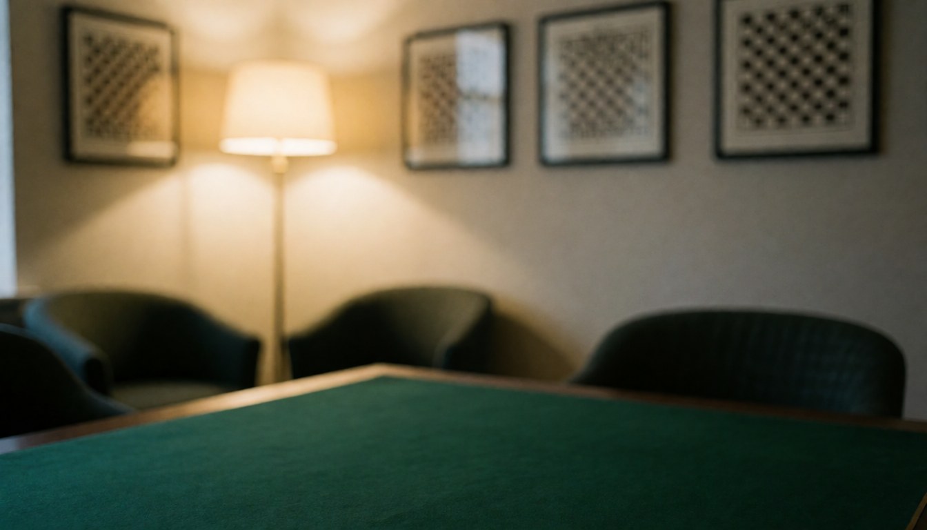 A chess table with chairs and a lamp, ideal for text overlays in a calm, well-lit interior setting.