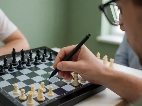 Close-up of a hand using a stylus to touch a square on a digital chess board with glasses reflection and soft green background