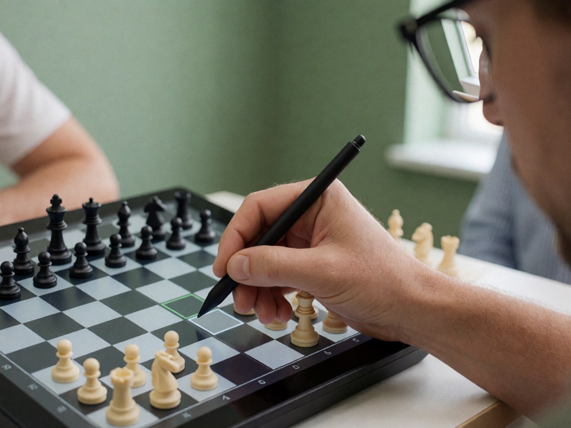 Close-up of a hand using a stylus to touch a square on a digital chess board with glasses reflection and soft green background